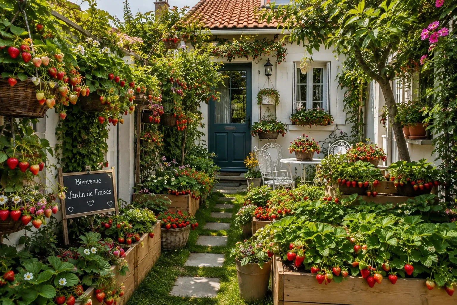 Fraises et plantes dans un jardin urbain