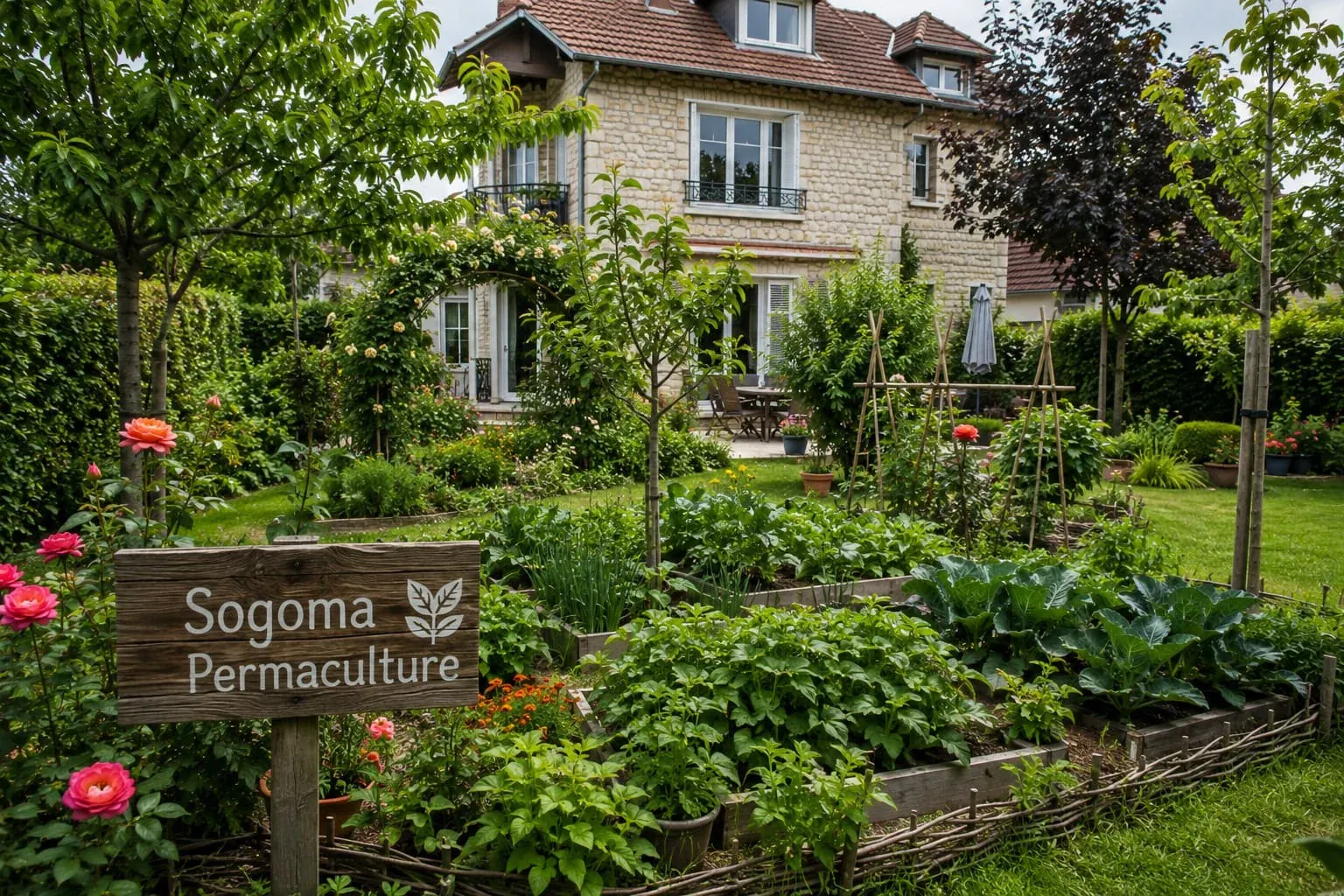 Maison entourée d’un jardin nourricier conçu en permaculture